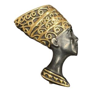 VTG Egyptian Revival Profile Brooch Black & Gold Ornate Filigree Headdress J20